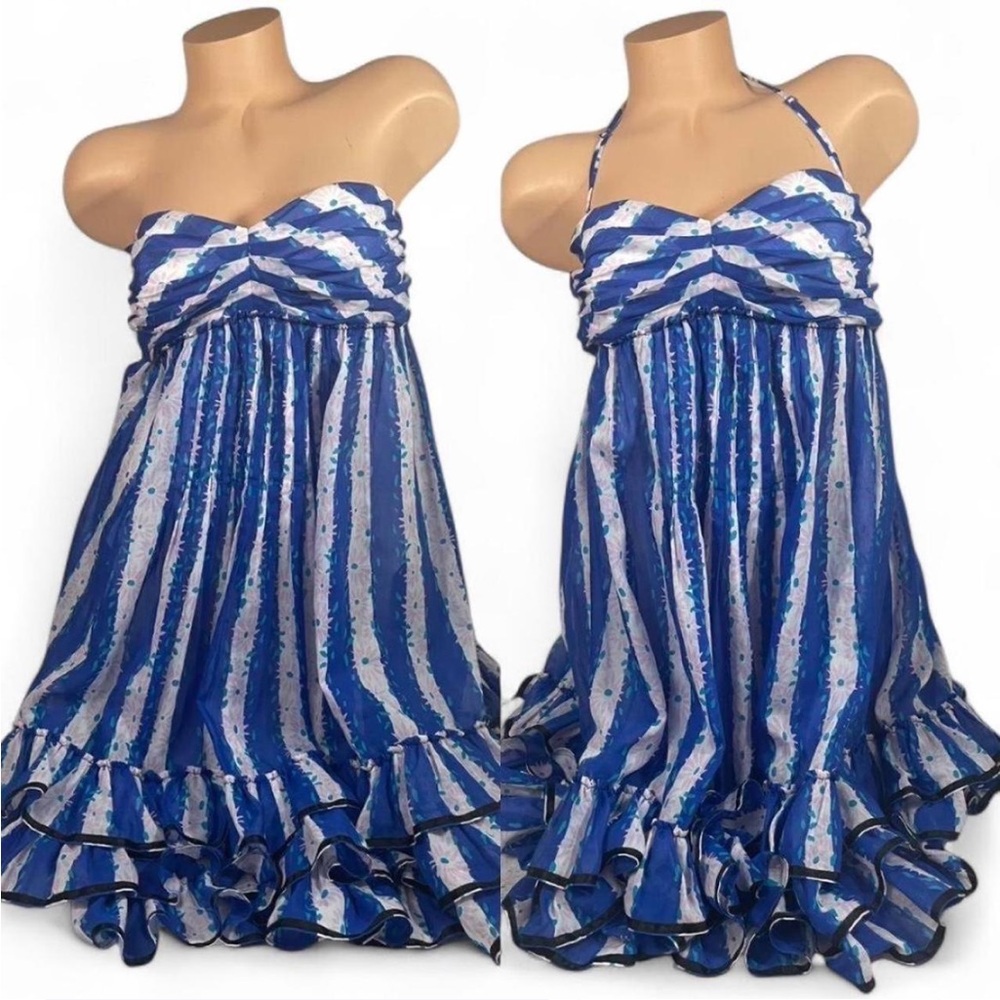 Betsey Johnson Blue and White Textured Dress Smocked Halter OR Strapless Ruffles